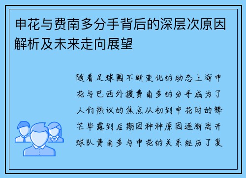 申花与费南多分手背后的深层次原因解析及未来走向展望