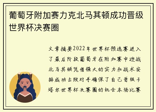 葡萄牙附加赛力克北马其顿成功晋级世界杯决赛圈
